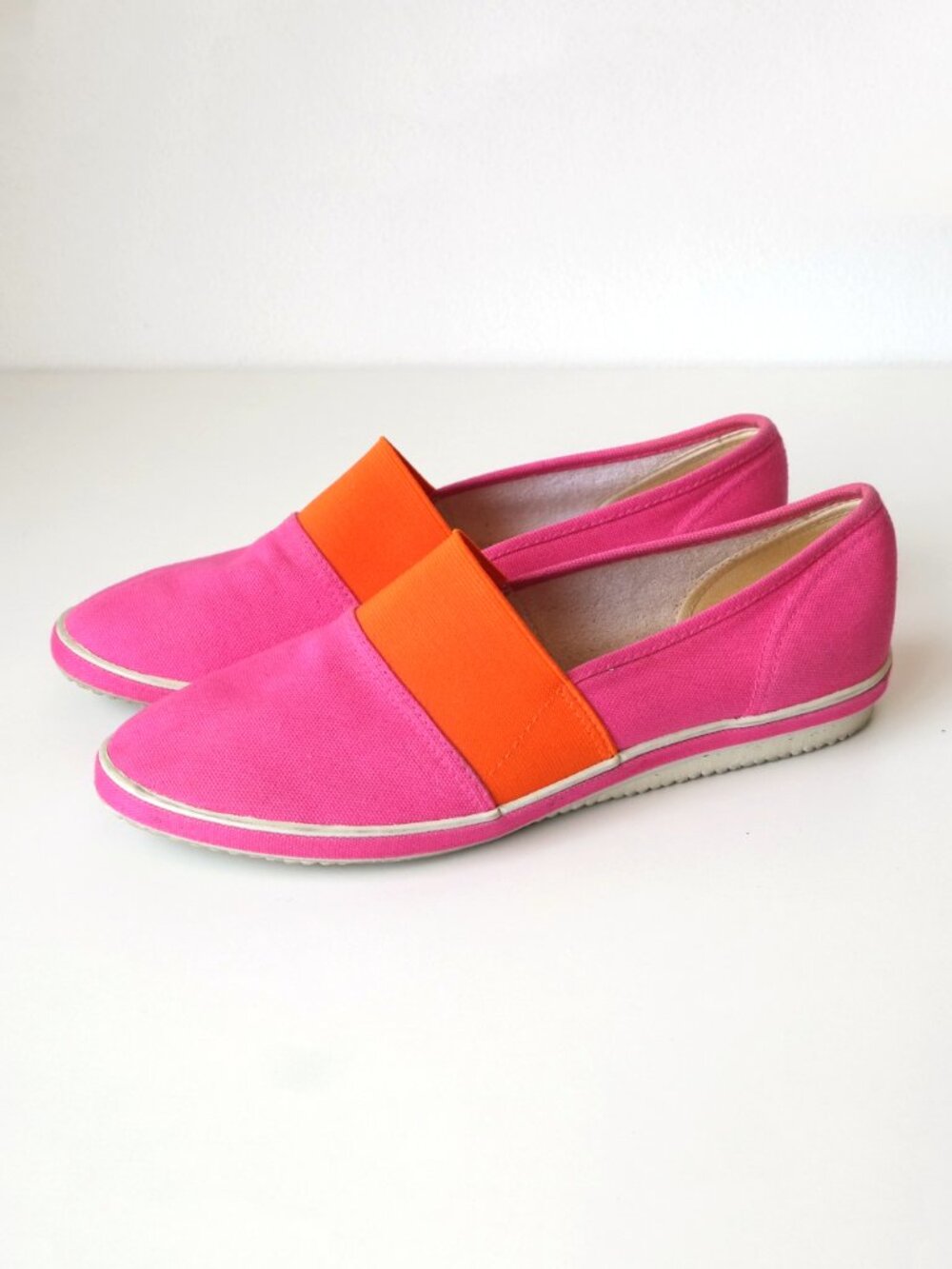 Vintage 80s Truffles Colorblock Pink & Orange Canvas Slip On Shoes Wedges 8.5M
